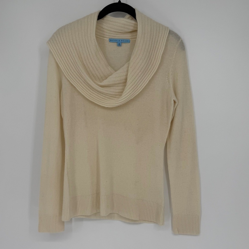 Antonio Melani Cashmere Sweater Womens XS Cream Cowl Neck Ribbed Knit Pullover
